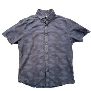 Y2k Murano Slim‎ Fit Short Sleeve Button Down Shirt Blue Camo Print Mens